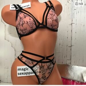 Victoria's Secret Black and Pink Floral Lace Bra Set